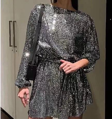 Sparkly Puff Long Sleeve Party Dress with Belt for Women Glitter Beaded Mini Dress Loose Wedding Bridesmaid Ladies Short Dresses