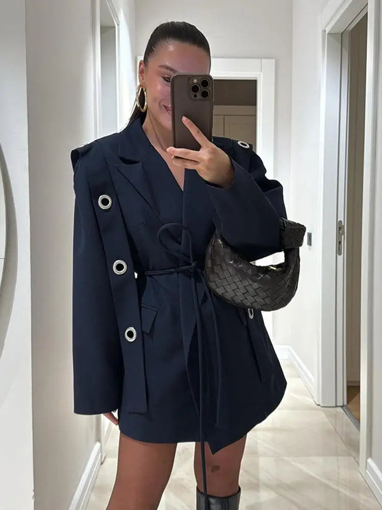 Vintage Tie Up Women 's Coats Elegant Laple Full Sleeve Pockets Hollow Out Blazer Female 2025 Autumn Winter Fashion Streetwears
