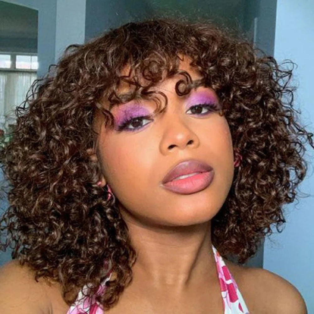 Short Bob Curly Human Hair Wigs Ombre Brazilian Remy Hair WIgs With Bangs Full Machine Made 180% Density Wigs For Black Women
