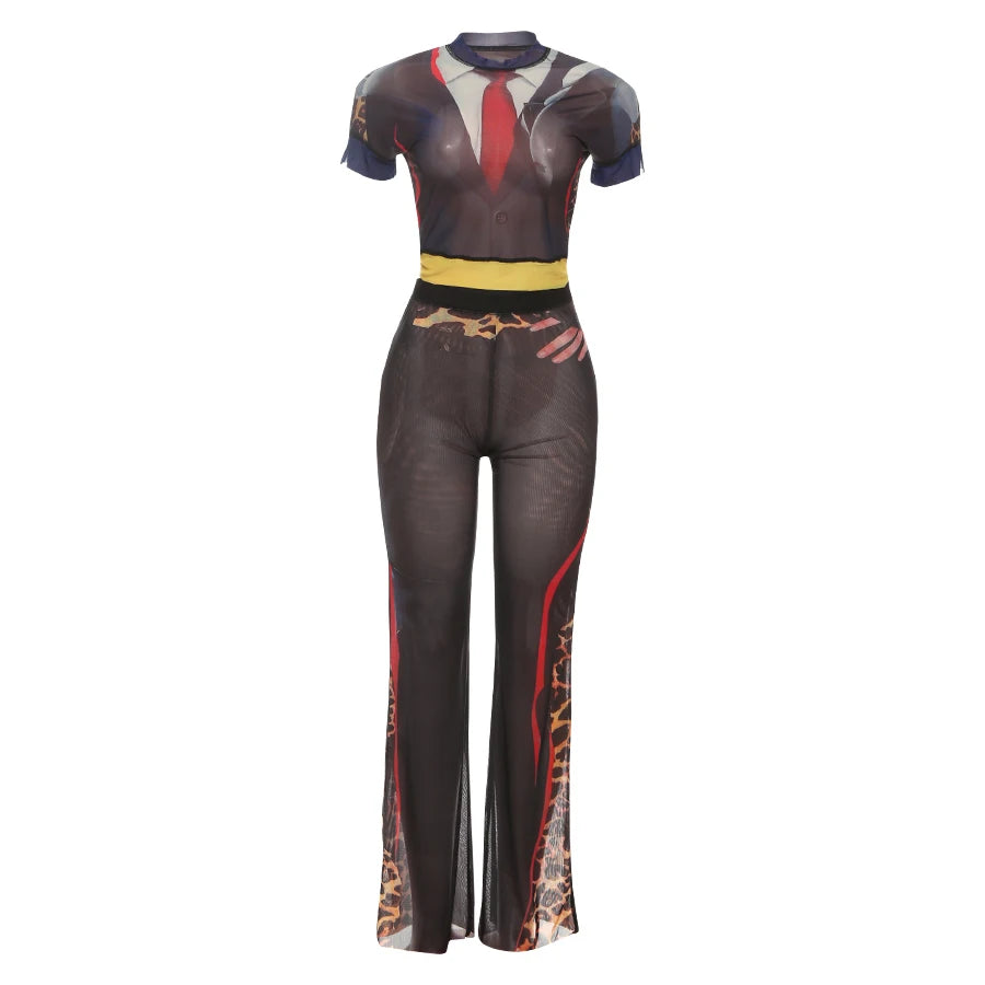 Weird Puss Sexy Women 2 Piece Set See Through Leopard Print Shorts Sleeve Crop Tops+Flare Pants Matching Clubwear Skinny Outfits