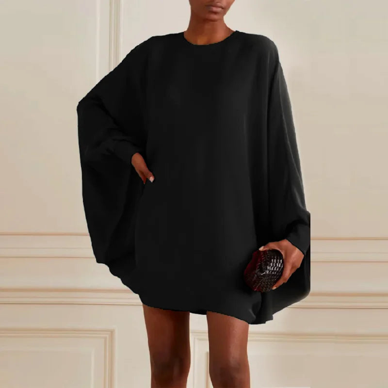 UOOZEE Women Fashion Simple Solid Color Round-Neck Mini Dresses 2025 New Spring Summer Batwing Sleeves Casual Short Dress