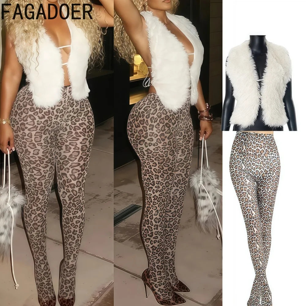 FAGADOER Sexy Fur Patchwork Woman 2 Piece Set Outfit Deep V Backless Lace Up Crop Top + Leopard Print Pants Female Streetwear