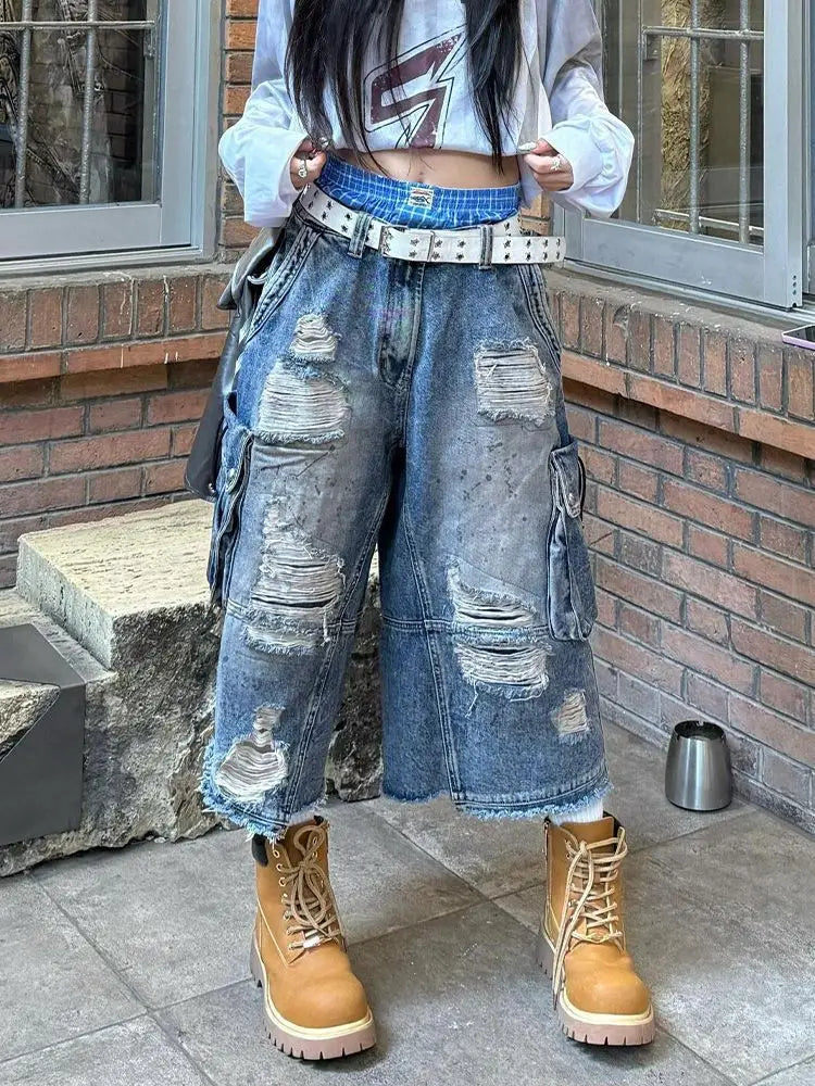 2025 American Vintage Old Baggy Slim Machete Denim Shorts Female Y2K Harajuku Hot Girl Washed Hole Denim Cropped Pants Tide