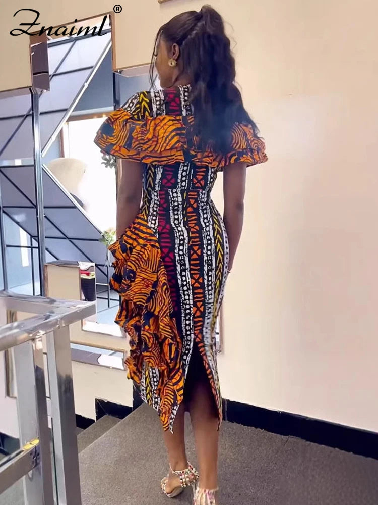 Znaiml African Festival Print Dresses Elegant Women Summer Short Sleeve Ruffles Bodycon Midi Dress Fashion Vacation Party Robe