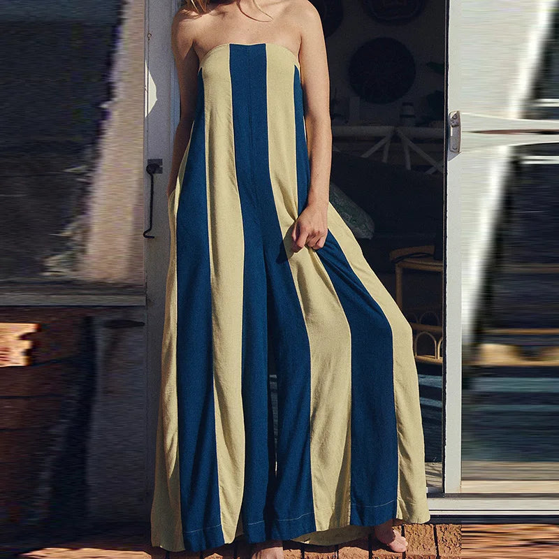 Summer Beach Hollowed Out Backless Long Pants Playsuit Bohemian Commuting Rompers Casual Striped Printed Off Shoulder Jumpsuit