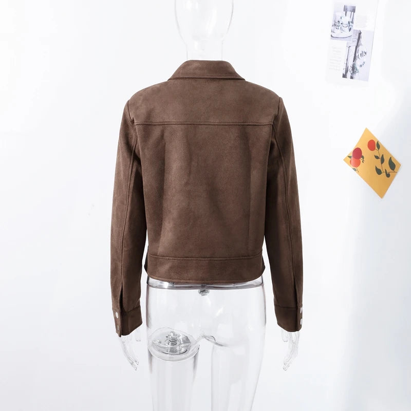 Big Pockets Suede Short Women's Jackets Vintage Lapel Single Breasted Full Sleeve Jacket Lady 2025 Spring Fashion Streetwears