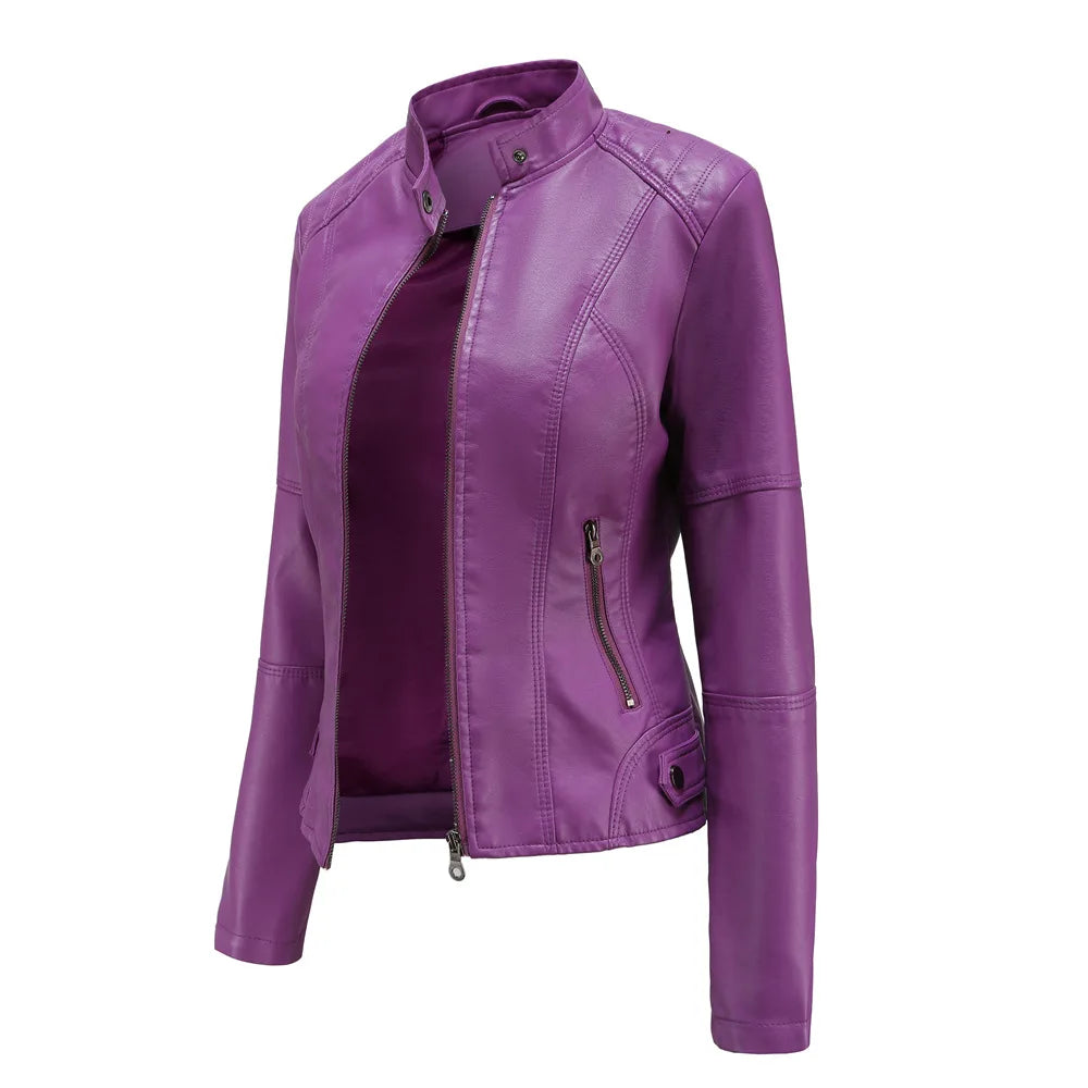 Women Leather Jacket 2025 Spring Autumn Black PU Leather Coat Stand-up Collar Motor Biker Jacket