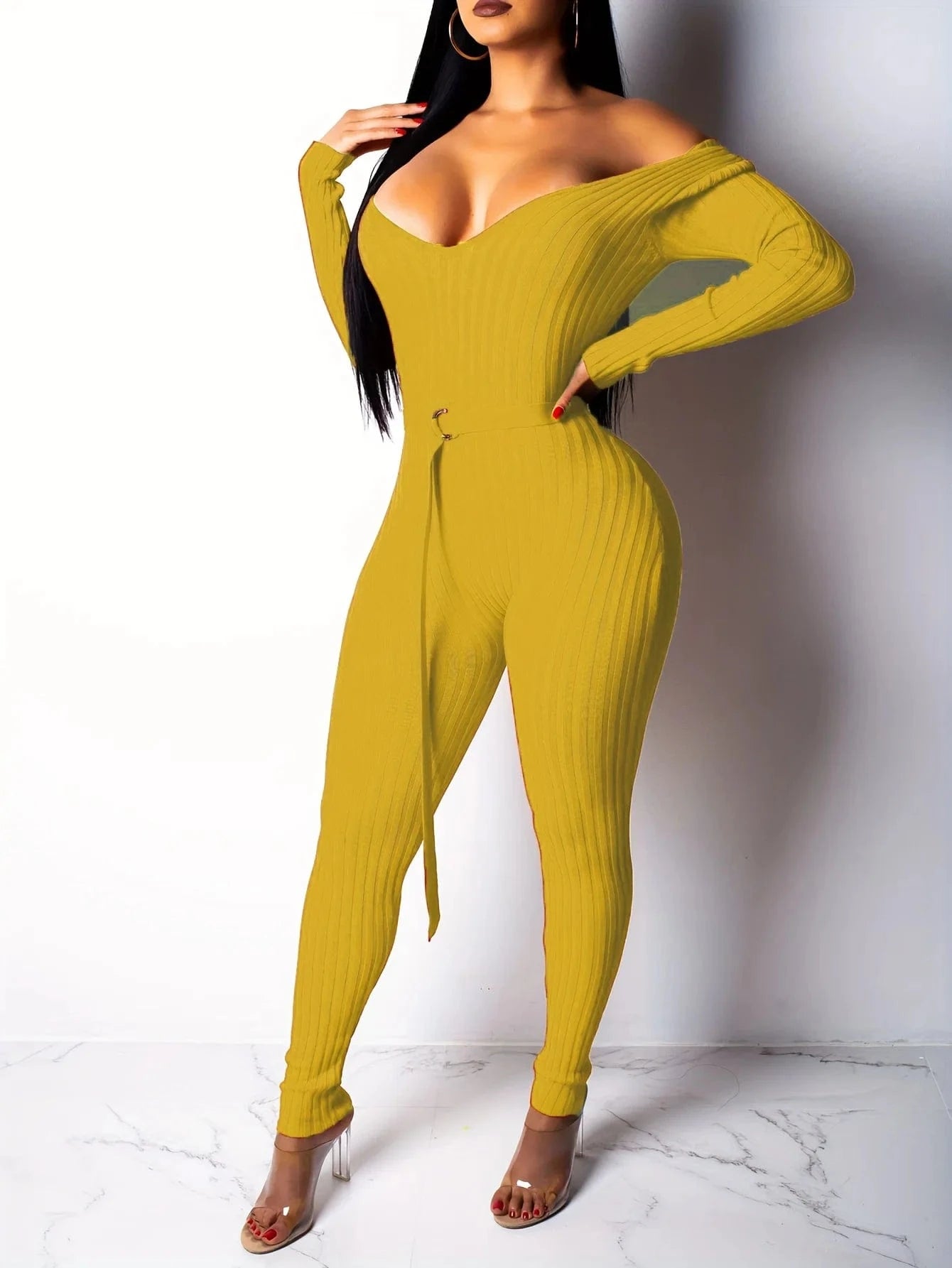 Women Jumpsuits Rompers Ribbed Knitting Skinny Sexy Deep V Neck Long Sleeve Casual Playsuits Club Overalls With Belt