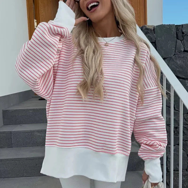 Casual High Street Long Sleeved Loose Hoodie Women's Fashion Patchwork Sweatshirt Top New 2025 O Neck Striped Printed Pullover
