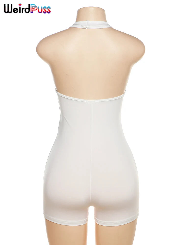 Weird Puss Halter Playsuits Women Fitness Sporty Backless Skinny Sleeveless V-Neck Casual Summer Solid Basic Streetwear Romper