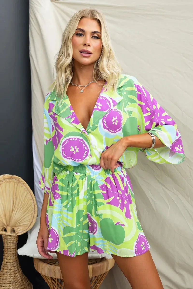 Summer Women Retro Print Short Sleeve 2PCS Loose Suits Casual V-Neck Shirt Top Elastic Waist Short Pants Sets Beachwear