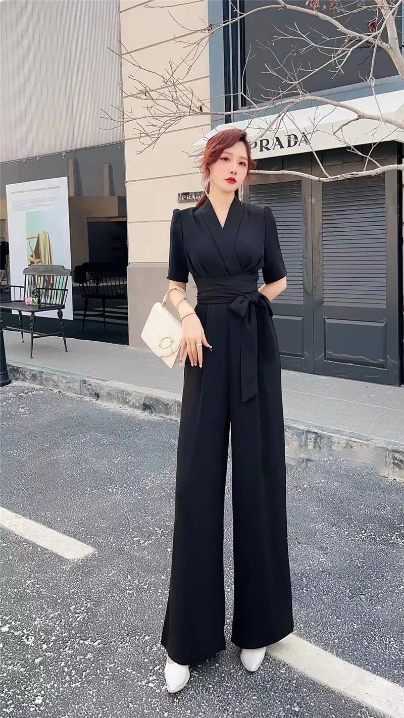 Jumpsuits Summer New High end Jumpsuit Women's Elegant Solid Color High Waist Slim Lace up Wide Leg Dropping Bodysuit Women Sets
