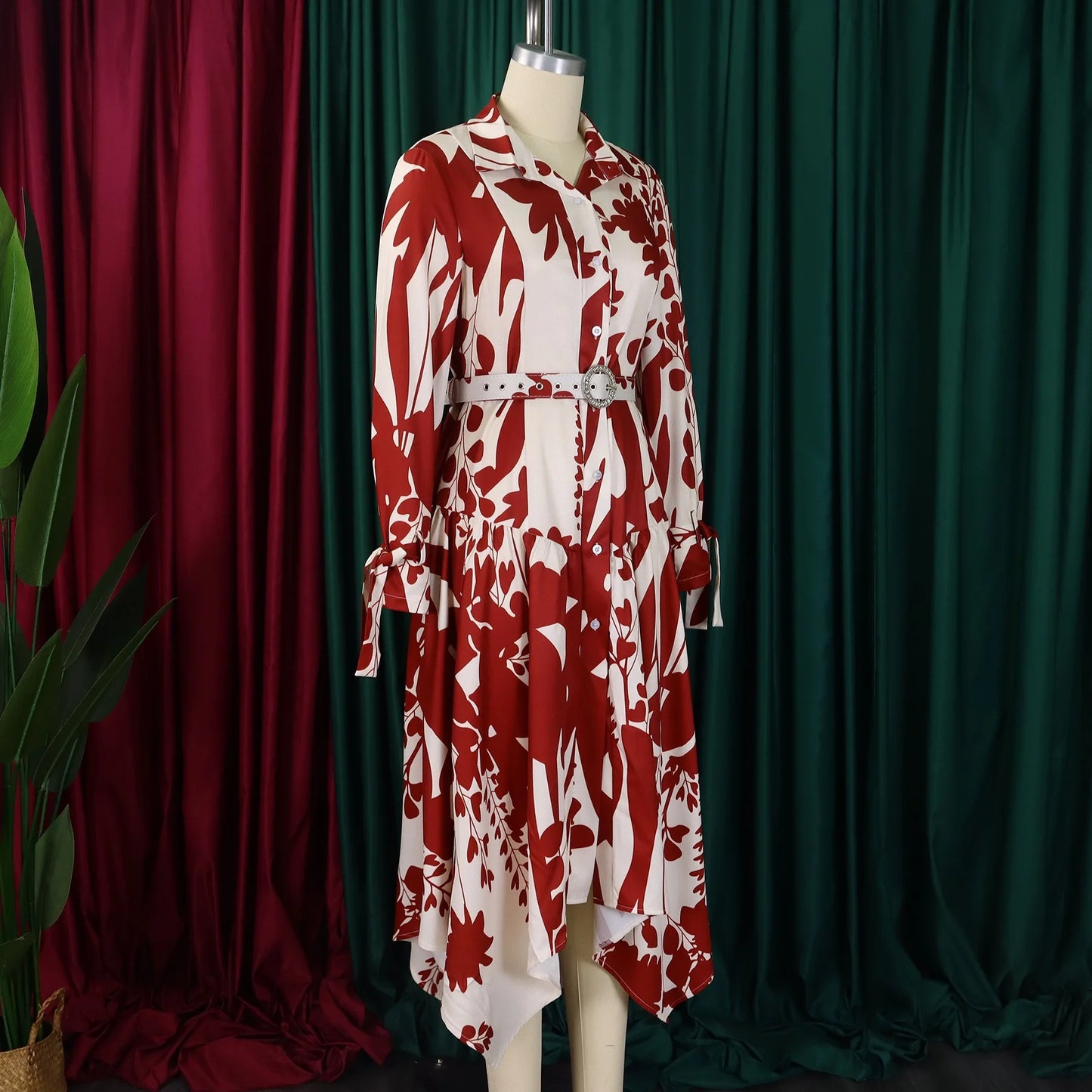 Elegant Printed Dresses Woman 2024 Turn Down Collar Single Breasted Full Sleeve Asymmetric Ankle Length Fashion Birthday Dress