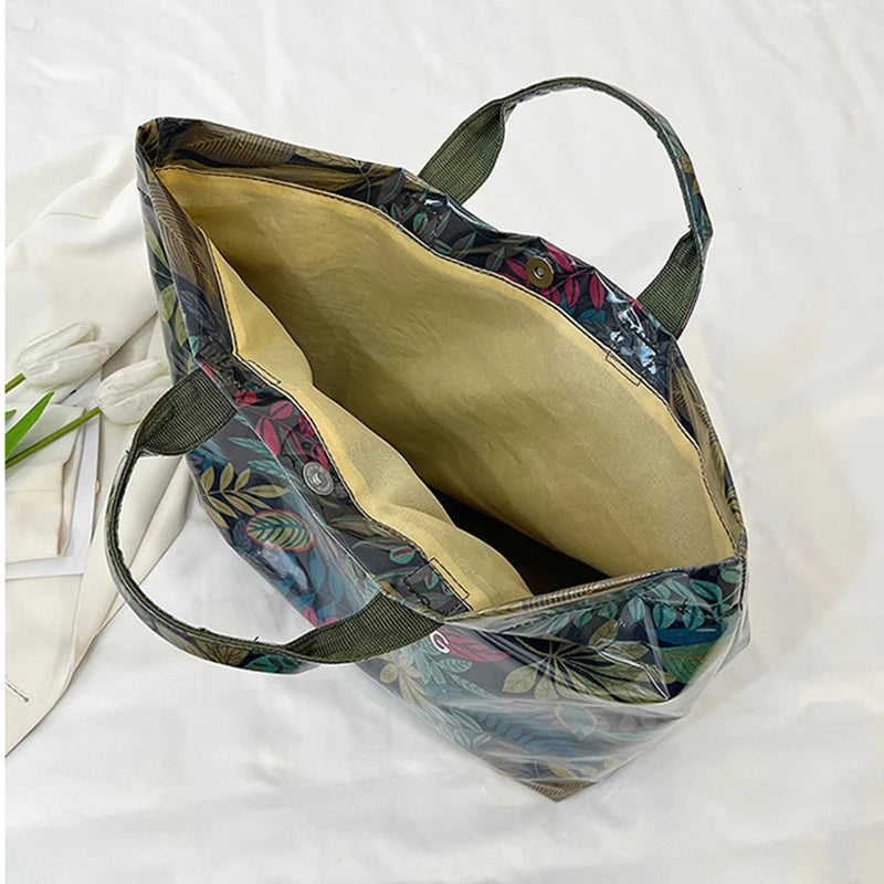 Leaf Print Handbag Pvc Fashion Transparent Waterproof Fashion High-end Shoulder Bag Large Capacity Commuter Tote Bag Shop Bag