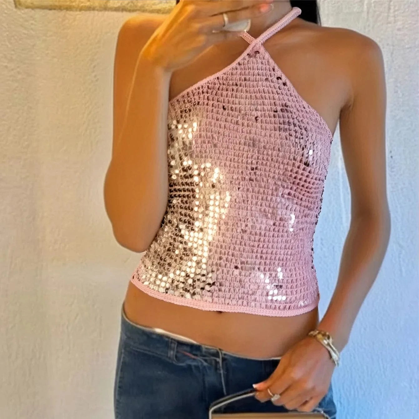 hirigin Sequin Crochet Crop Tops Women Summer Beach Knitted Smocked Camis Sparkly Glitter Backless Cover-up Crop Tops Vest
