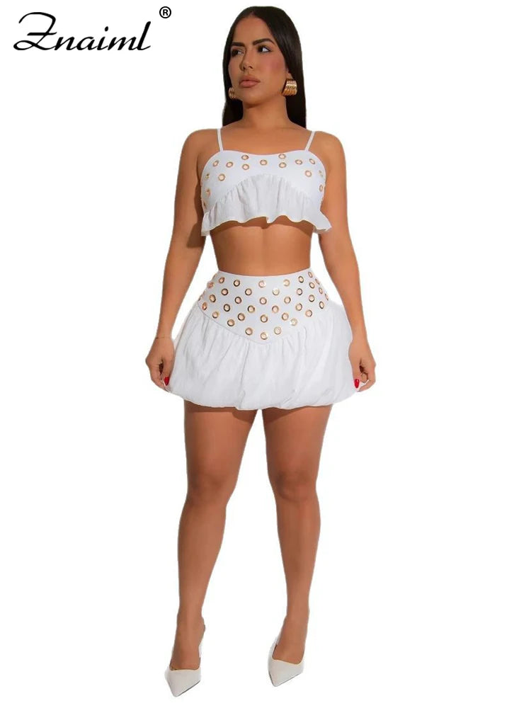 Znaiml Sexy Summer Beach Vacation Women Spaghetti Strap Crop Top and Mini Skirts 2 Pieces Set Fashion Night Club Bar Dance Suits