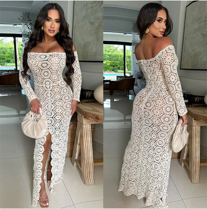 Floral Knitted Crochet Beach Dress Women Vacation Long Sleeve Hollow Out See Through Off the Shoulder Bodycon Maxi Dress Holiday
