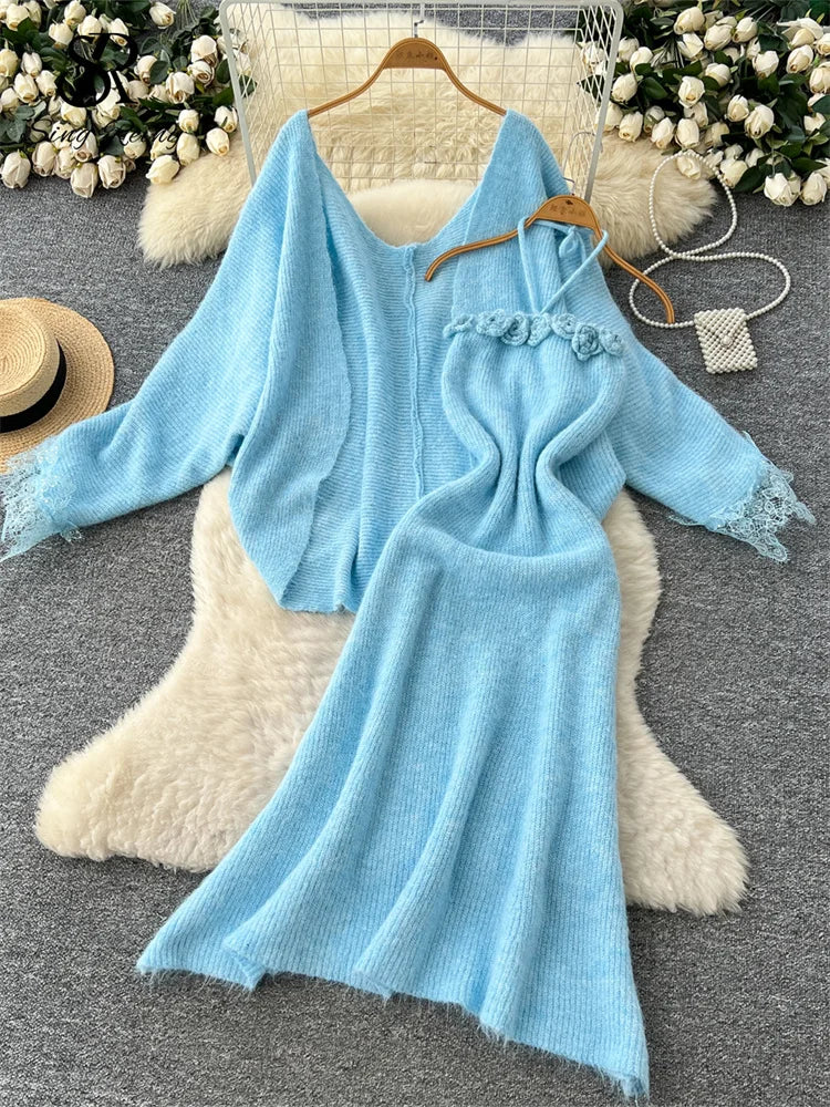 Lace Trim Knit Cardigan and Floral Halter Dress Set for Women