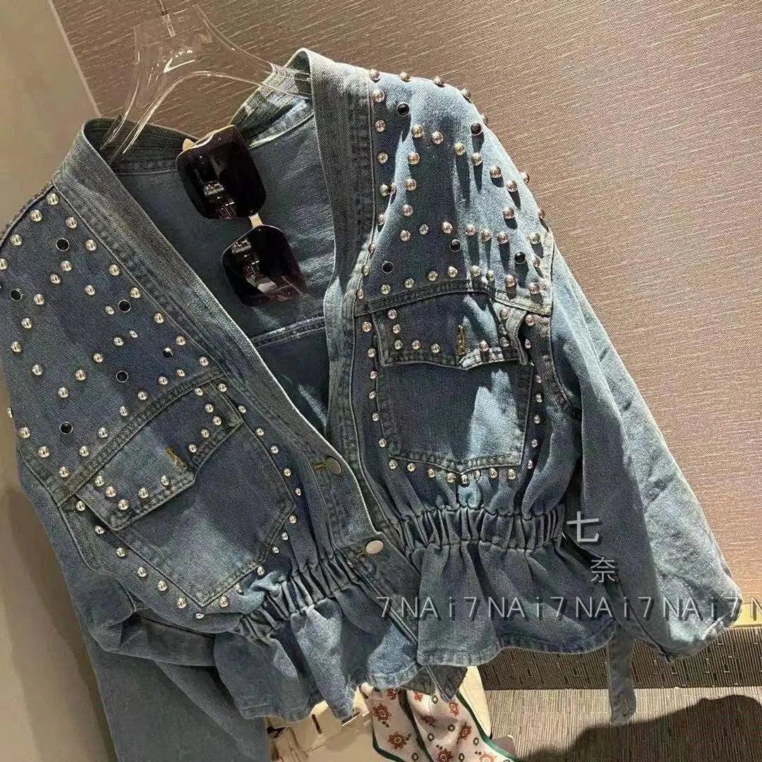 French denim jacket women's new heavy-duty diamond-studded beaded loose short long-sleeved jacket in spring and autumn