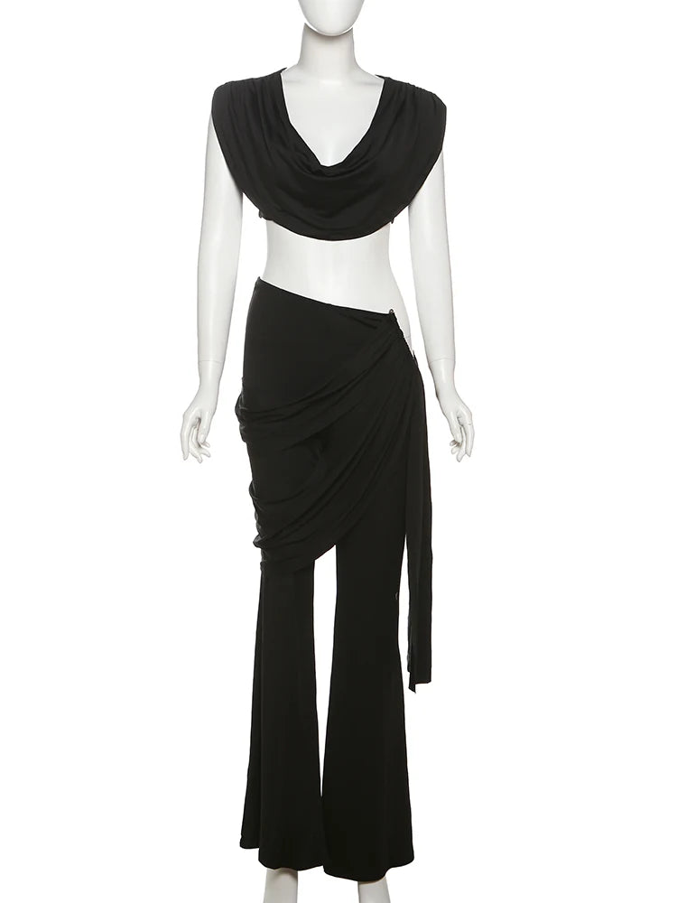 Weird Puss Pleats Elegant 2 Piece Set Women Sexy Low Neck Sleeveless Crop Tops+Irregular Waist Tassel Straight pants Solid Suit