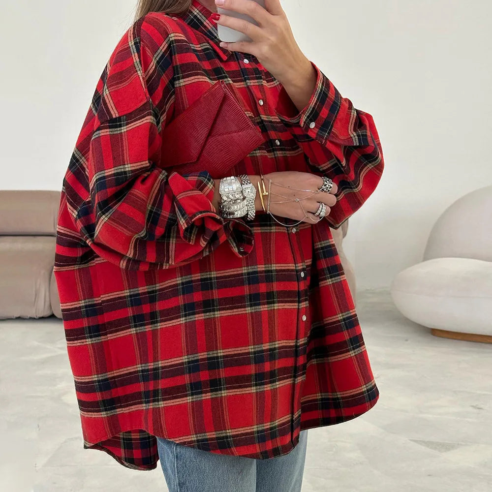 FSMG-Versatile Plaid Shirt For Women, Red Bright Grid, Oversized Blouse, Leisure And Fashionable Top, Spring And Autumn Seasons