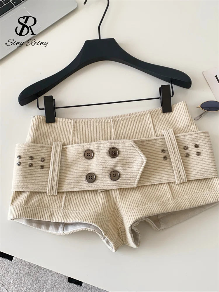 Retro Corduroy Button Detail Low Waist Shorts for Women