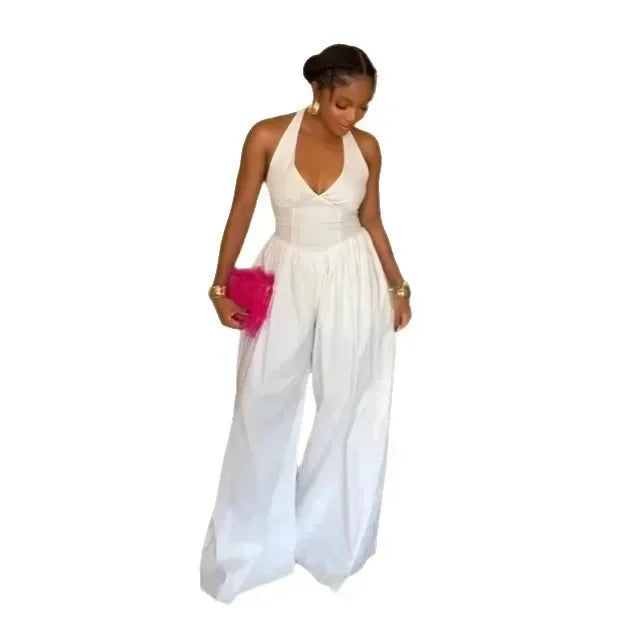 Elegant V-Neck Halter Solid Wide-Leg Jumpsuit for Women