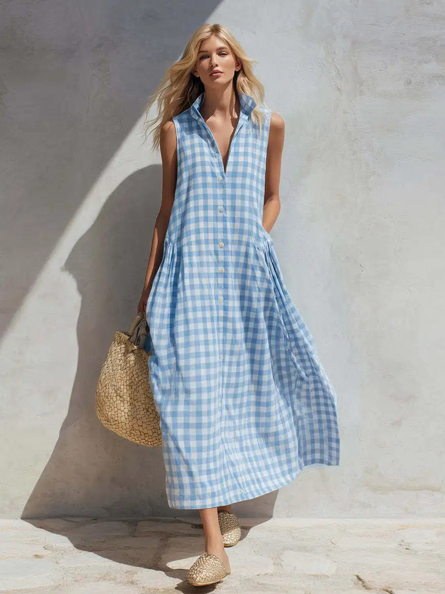 Loose Plaid Sleeveless Single Breasted Maxi Dress for Women