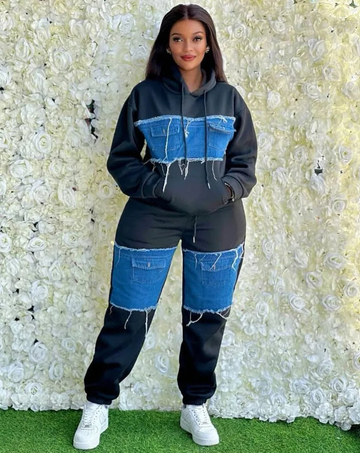 Pants Set Women Two Piece Sets Hooded Matching Sets Sweatshirts Long Pants High Waist Denim Splice Y2k Casual Jogger 2025