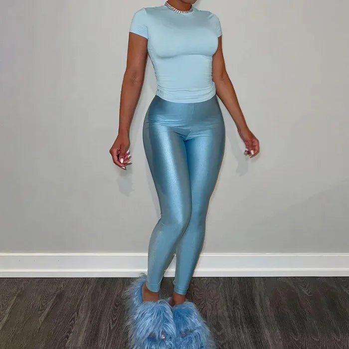 Two Piece Set for Woman Streetwear Solid Round Neck Short Sleeved T-shirt Top and Tight Pants Suit Spring and Summer 2025 New