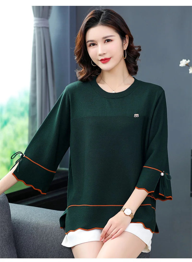 6XL Mom Large Summer New Ice Silk Shirt 3/4 Sleeves Round necked T-shirt Knit Sweater Loose Top For Wearing Outwear Top Black