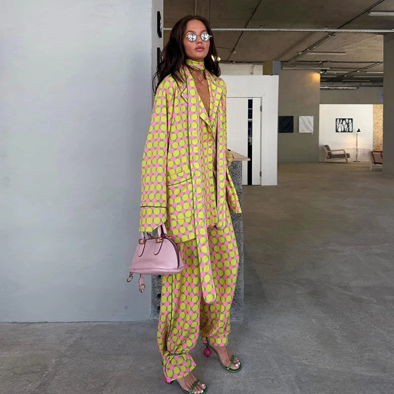 Geometric Printed Wide Leg Loose Pants Set for Women