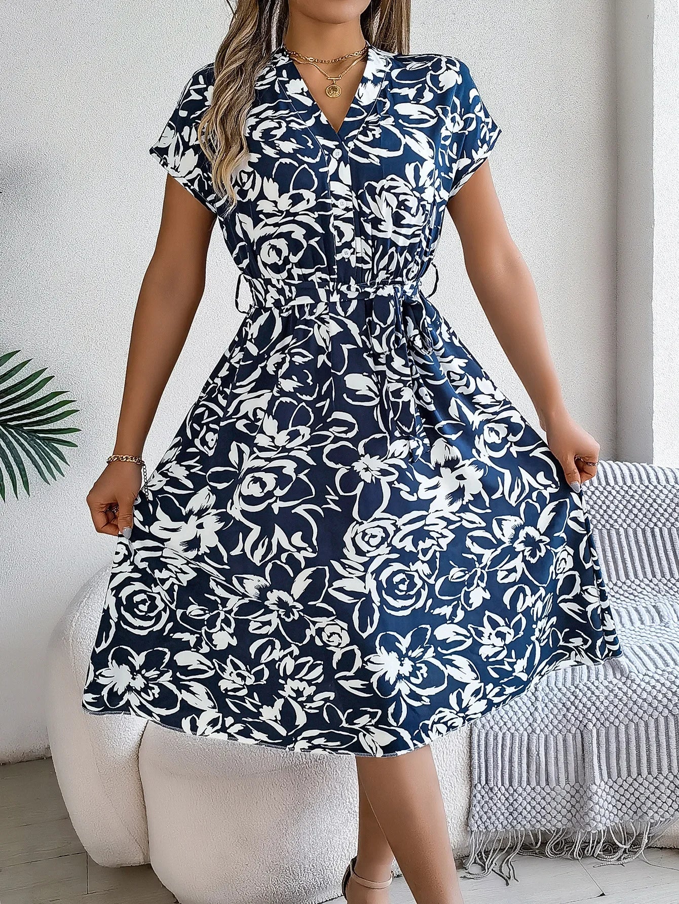 Casual V-neck Button Batwing Sleeve Floral Maxi Dress Spring Summer 2024 Women's Clothing Cross-Border Fashion Dress