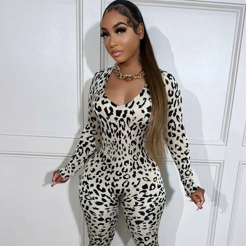 Sexy Open Back Leopard Jumpsuits Women Long Sleeve V-neck Skinny Split Flare Pants Rompers Clubwear Party One Piece Jumpsuit