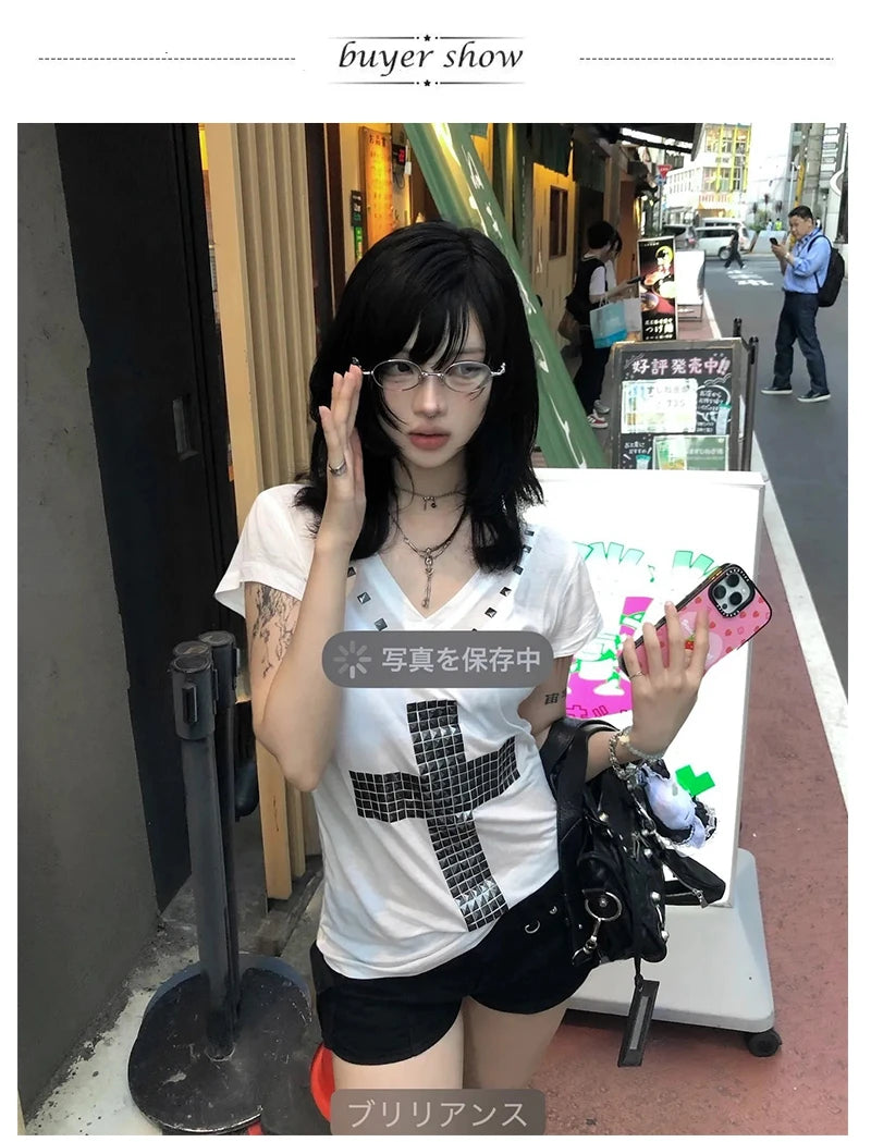 Karrram Japanese Y2k Metal Cross Print T-shirt Vintage Harajuku Short Sleeve Sheer Tops Trashy 2000s V-neck Streetwear Grunge