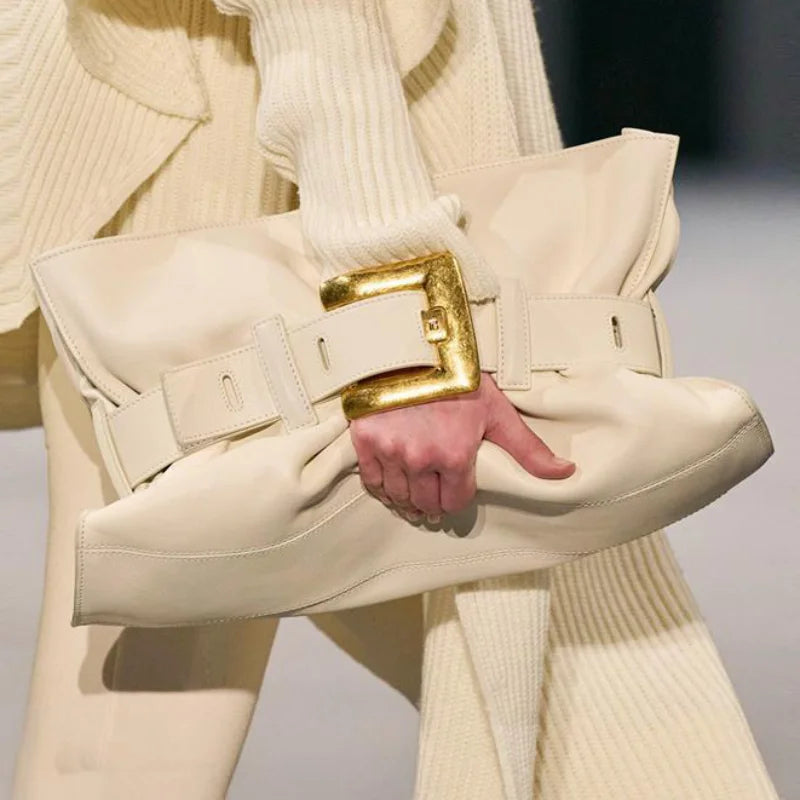 Women's Pleated Motorcycle Bag Trendy Belt Buckle Shoulder Bag Brand Design Fashion Large Capacity Texture Underarm Bag Tote Bag