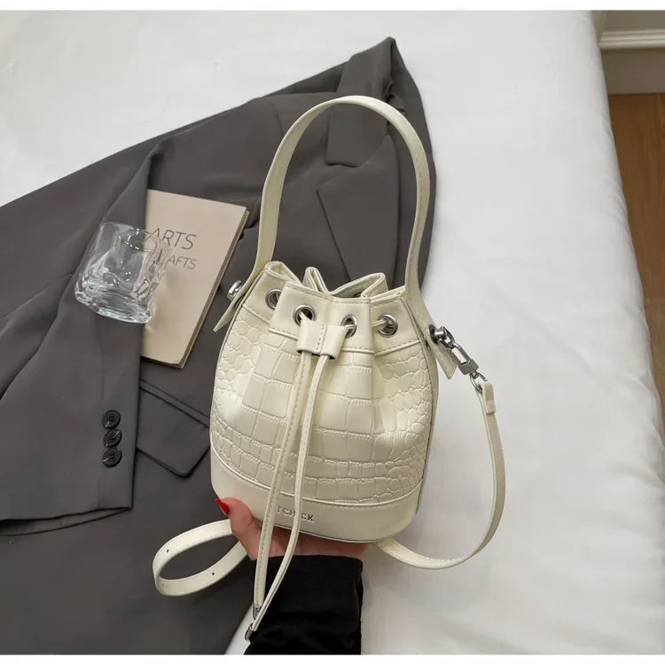 2025 New Trendy Women's Drawstring Tote Bag - Vintage Stone Texture Crossbody Satchel with Retro Minimalist Design