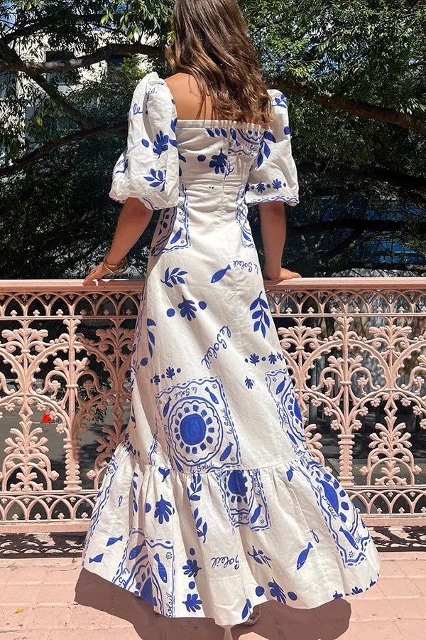 Summer Dress Elegant Women Flower Printed Maxi Dress High Waisted Short Sleeve Square Collar 2025 Summer Fashion Holiday Dresses