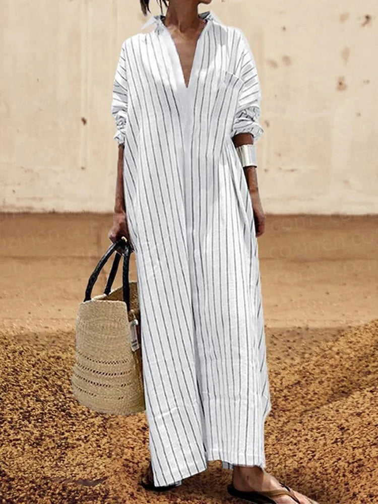 Women's summer New V-neck Fashionable Button Striped Round Neck Long Sleeved Simple Loose Long Sleeved Pullover Dress