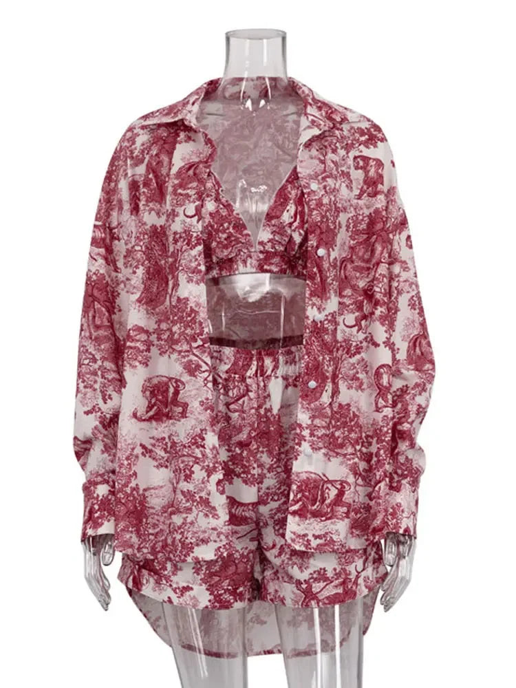 Casual Retro Ink Print Shirt and Shorts Set for Women