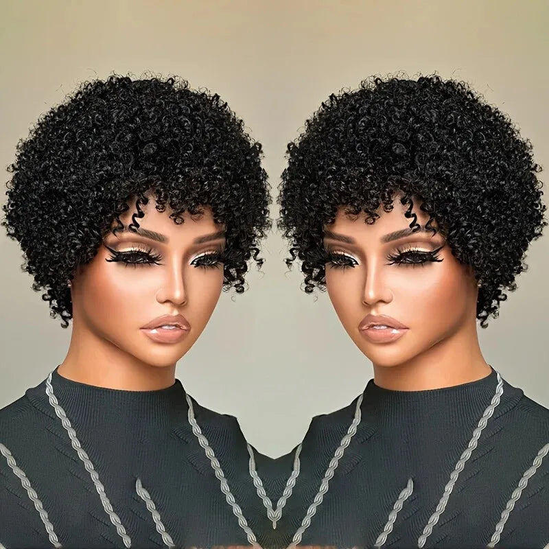 Short Afro Kinky Curly Human Hair Wigs With Bangs Brazilian Virgin Pixie Wig For Black Women 180% Density Full Machine Made Wig
