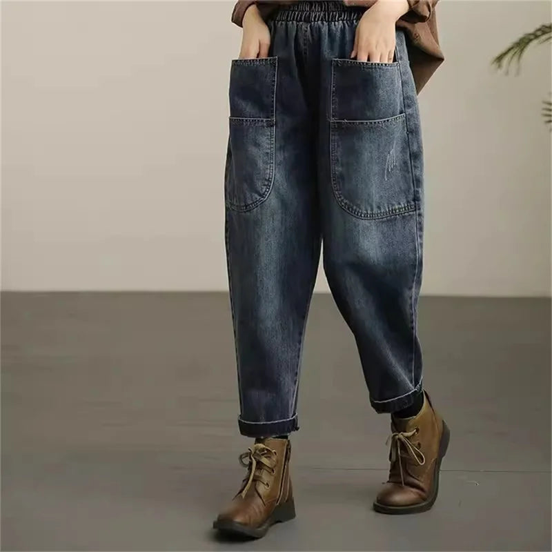 Women Loose Denim Tight Harem Pants 2024Summer Female Fashion Big Pocket BF Wind Elastic High Waist Ankle Jeans Female Trend B98