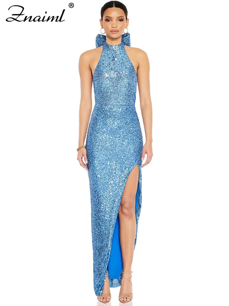 Znaiml Elegant Luxury Sequin Halter Big Bow Backless Long Dresses Women Sleeveless High Split Birthday Evening Wedding Vestidos