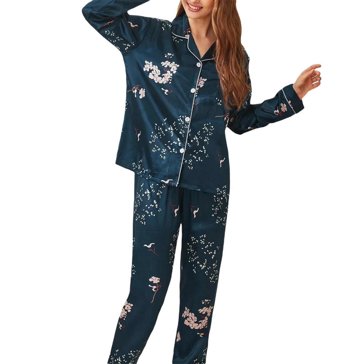 Women 2 Pieces Satin Pajamas Set Spring Autumn Long Sleeve Button Up Shirt and Casual Loose Elastic Pants Sleepwear Loungewear