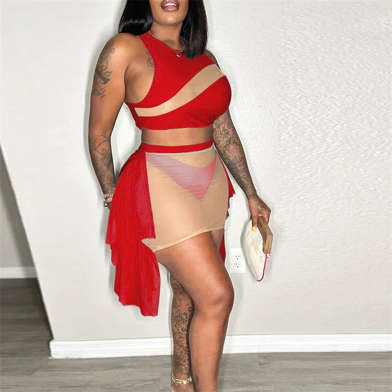 Sexy Mesh See-through Patchwork 2 Piece Sets Women Outfit Festival Clothing Tank Crop Top and Mini Skirt Set Night Club Outfits