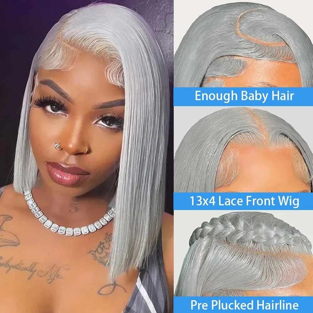 Silver Grey Straight Bob Human Hair Wigs Gray 13x4 Transparent Lace Front Short Bob Short Wigs Human Hair For Women Preplucked