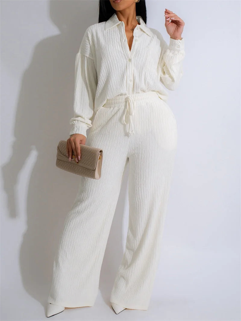 Doyerl Solid Casual Loungewear Sets Woman Two Piece Outfit Loose Fit Long Sleeve Shirt Top and Wide Leg Pants Matching Sets