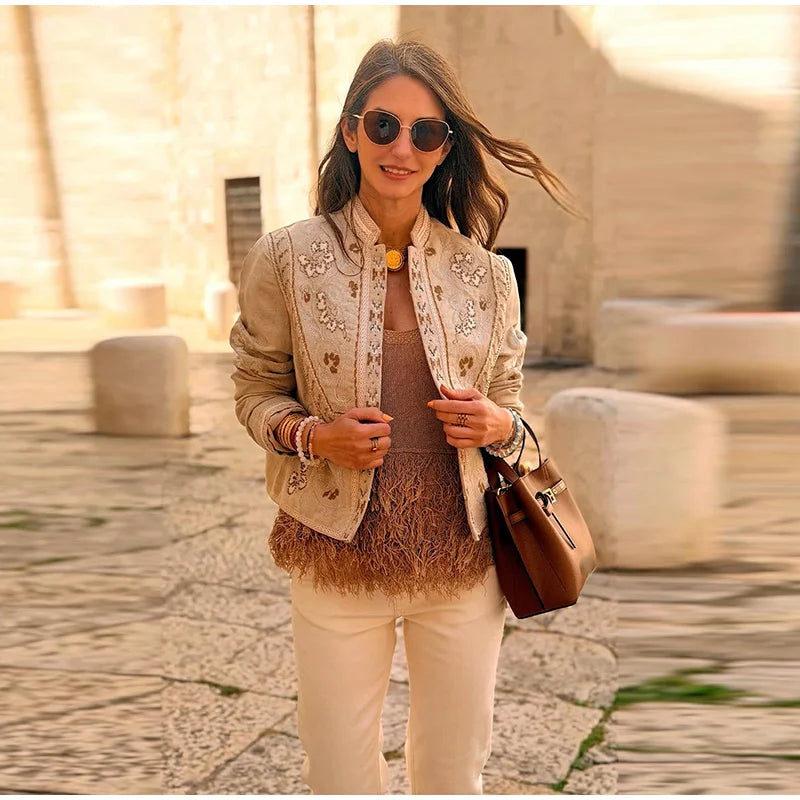 Urban Print Coat Stand Collar Long Sleeve for Women
