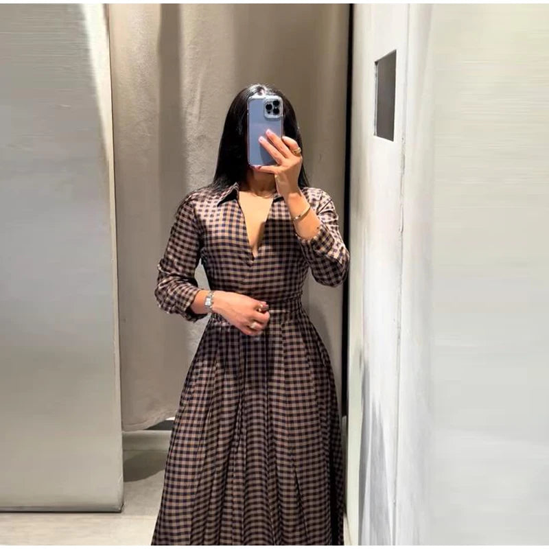 Elegant Plaid Women's Long Dresses Loose Tie Up Bow Laple Full Sleeve A-line Dress For Woman 2026 Spring New Lady Party Robes