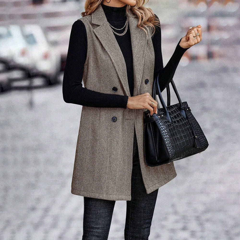 Women's Elegant Turn Down Collor Sleeveless Buttons Vest Blazer Coats Mid-Jackets Winter Ladies Office Work Outwear Outcoat S-XL